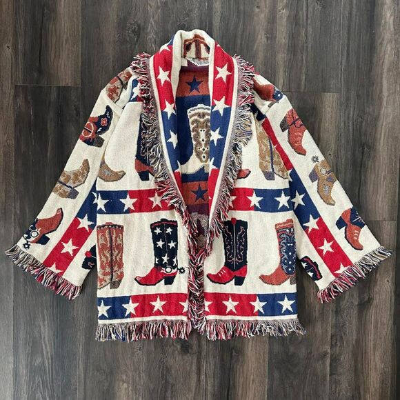 Vintage Country Western Tapestry Blanket Sweater Coat Boot Star Pattern Fringe - Picture 1 of 7